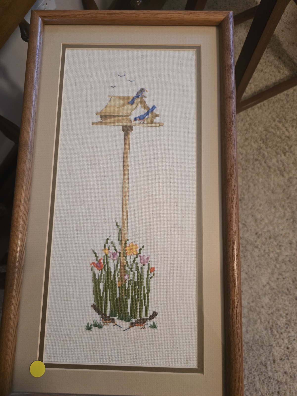 Vintage Framed Needlepoint Wall Art With Bluebirds And Flowers