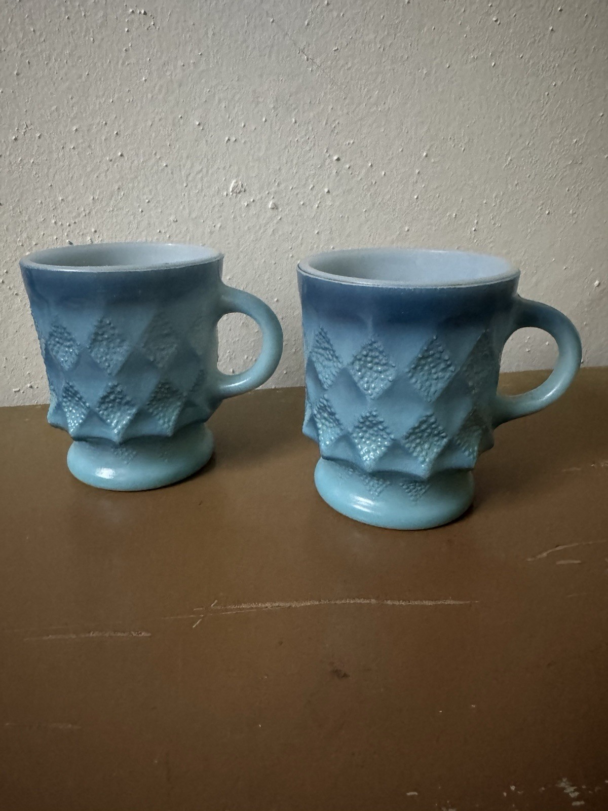 Anchor Hocking Fire King Kimberly Mugs Blue Diamond Pattern Vintage Set of 2