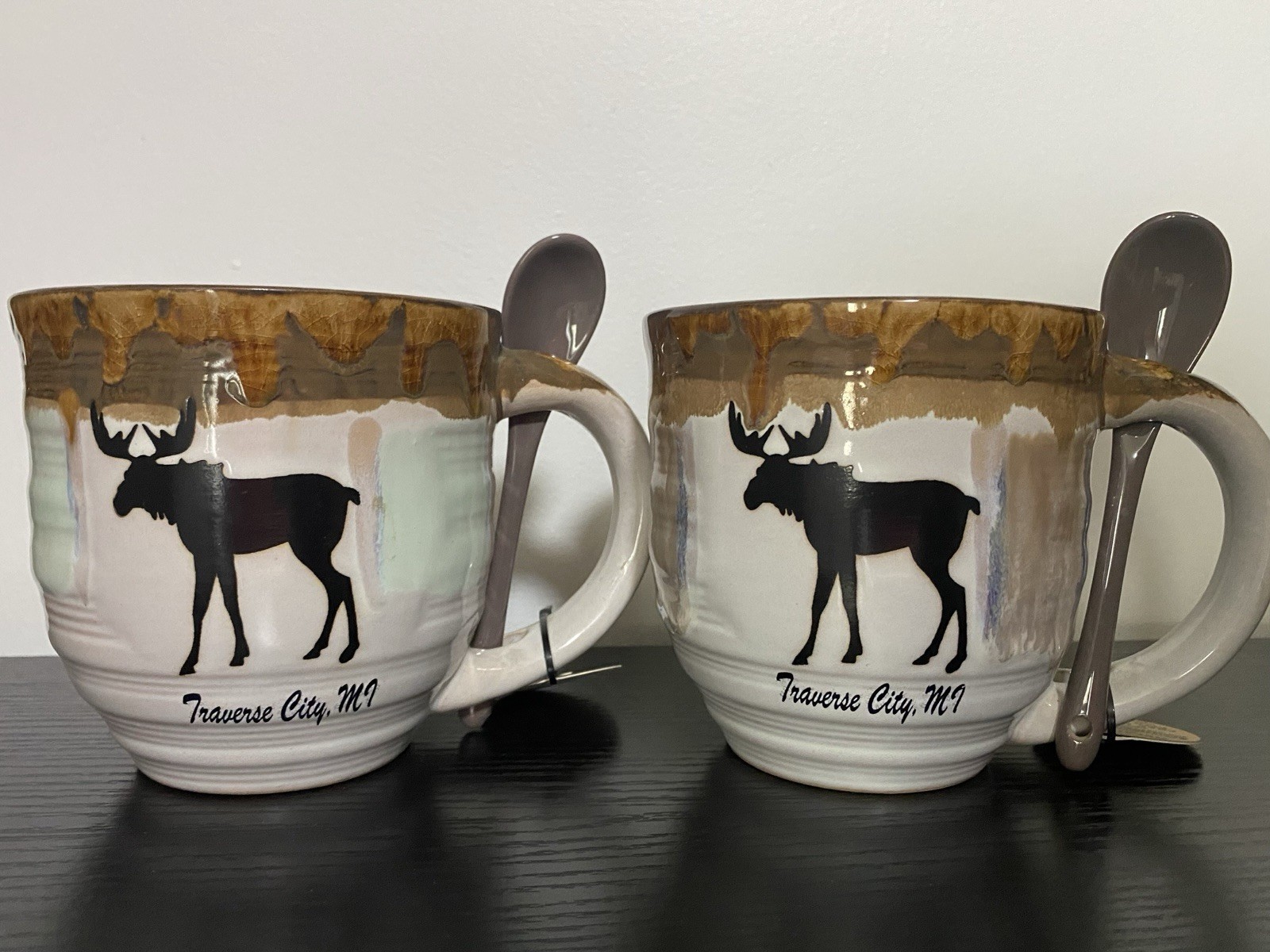 Hand Crafted Moose Ceramic Pottery Mugs Traverse City MI Set of 2 With Spoons