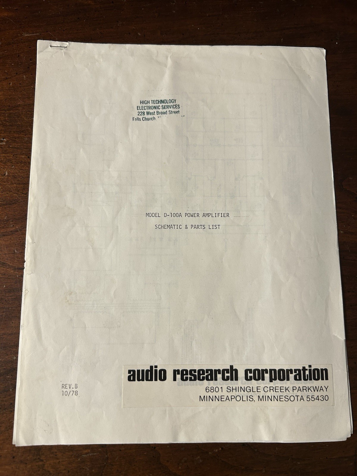 Audio Research Model D-100A Power Amplifier Schematic Original OEM