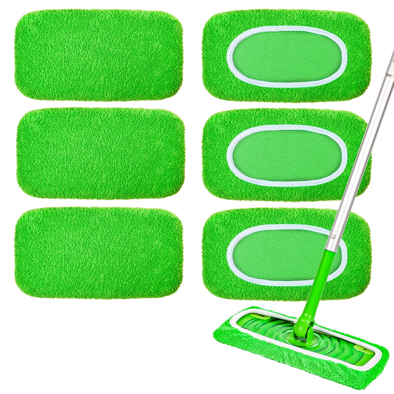 6-Pack Reusable Mop Pads Compatible with Sweeper - 100% Green-6 Pack 