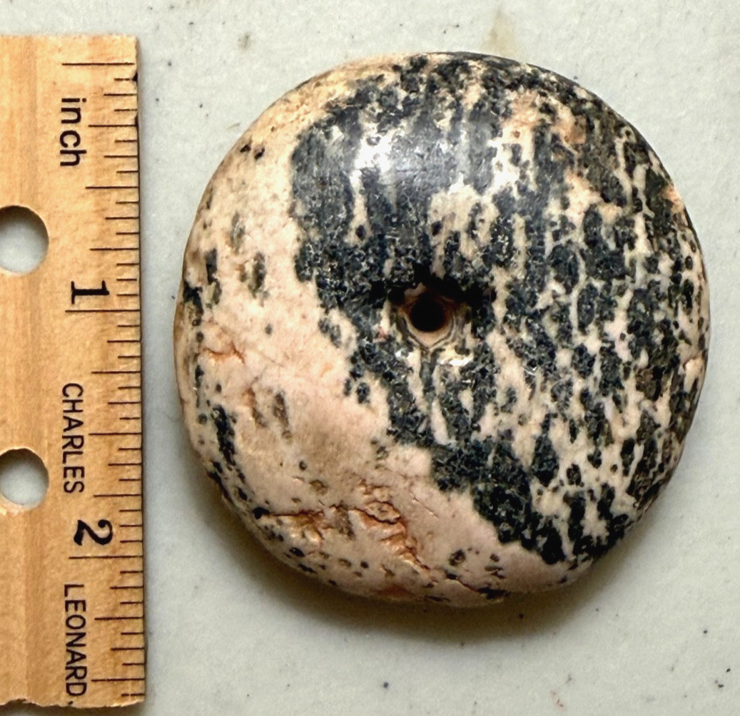 Lg Neolithic African Flat Disk Bead, 2-1/4" dia, Nice polish, Colorful,Good Cond