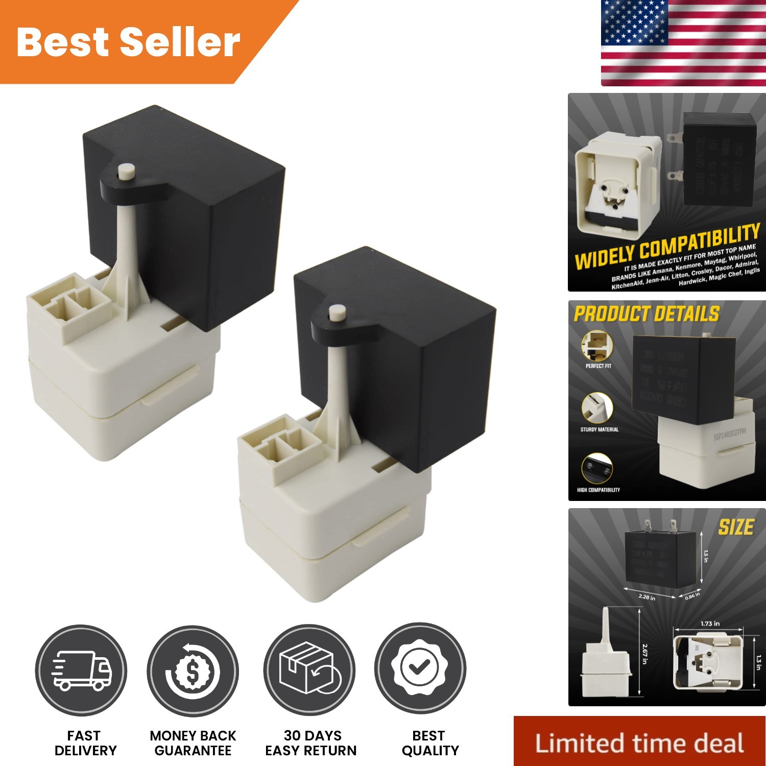Refrigerator Compressor Start Relay and Capacitor - 2 Pack for Whirlpool/Kenmore