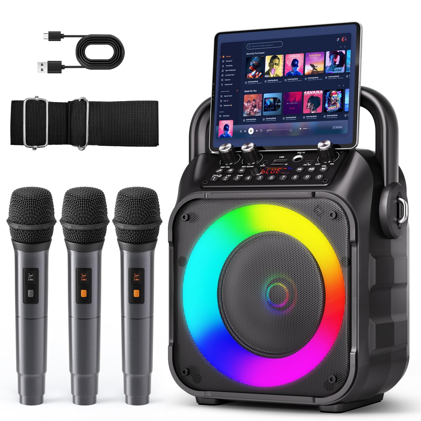 Karaoke Machine Portable Bluetooth 3 Wireless Mics Lights Microphone Speaker
