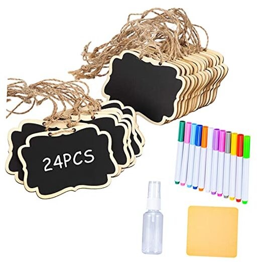 24 Pcs Reusable Mini Wood Chalkboards with Hanging String Erasable, Double 