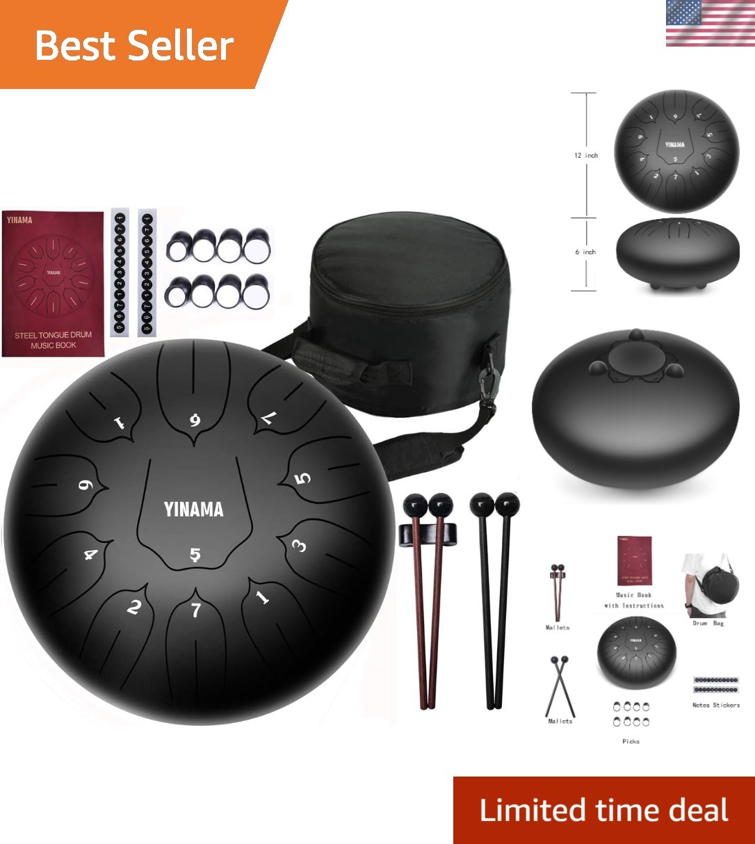 Steel Tongue Drum Percussion Instrument 11 Notes 12 inches Black