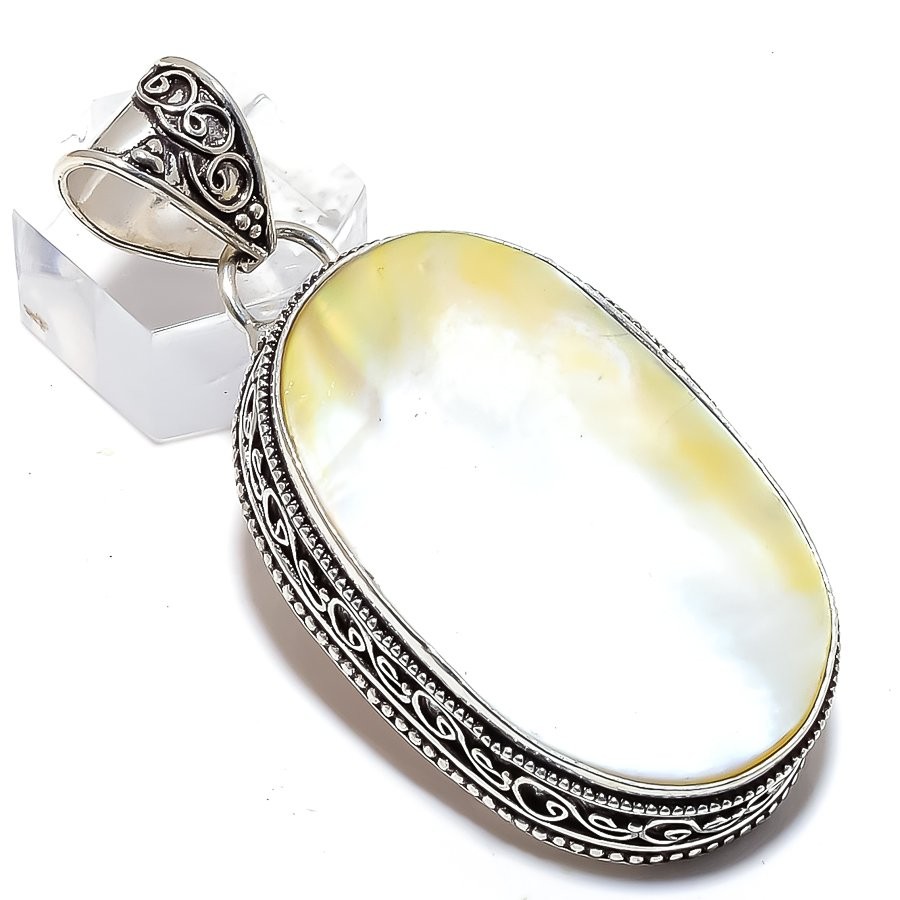 Natural Mother Of Pearl Gemstone 925 Sterling Silver Pendant 2.3" i798