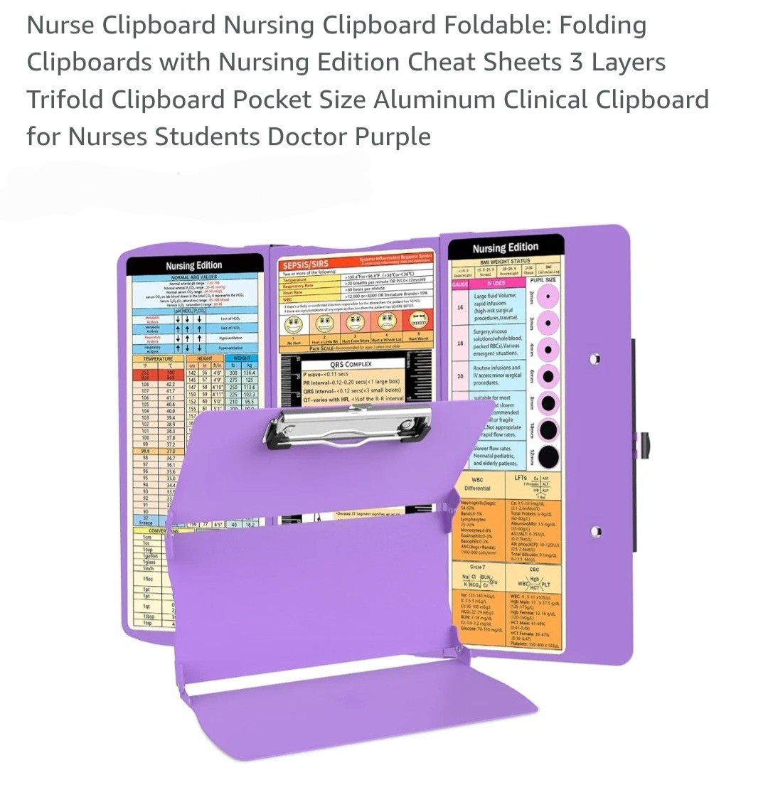 Nursing Edition Folding Aluminum Trifold Clipboard w/ Cheat Sheets, Purple