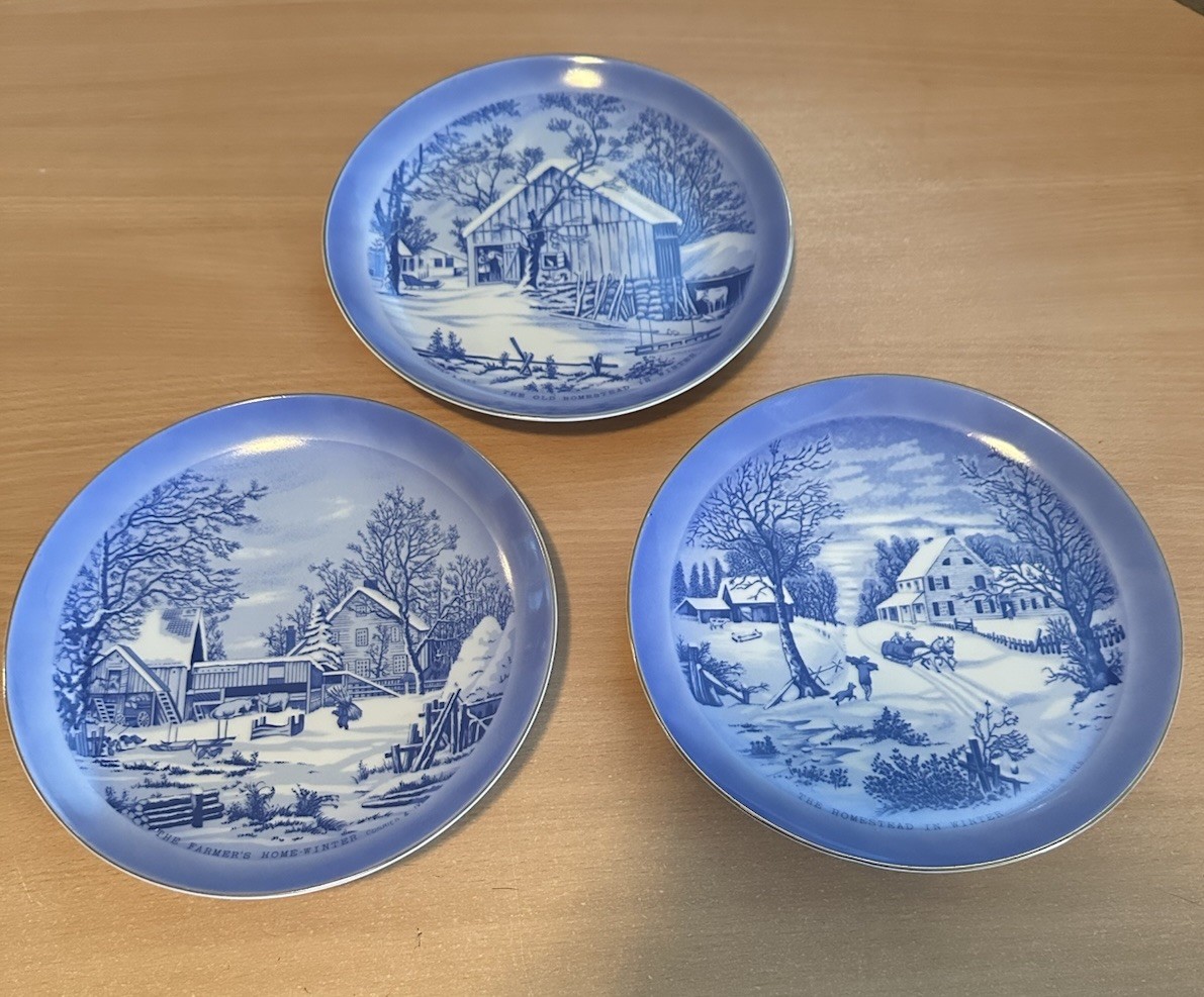 Vintage Blue & White Winter Farm Scene Collector Plates Made In Japan