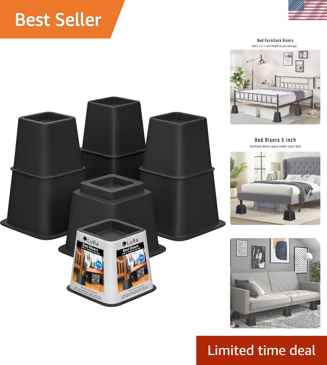Easy Install Furniture Risers Set, Adjustable Height 3-8” for Maximum Storage