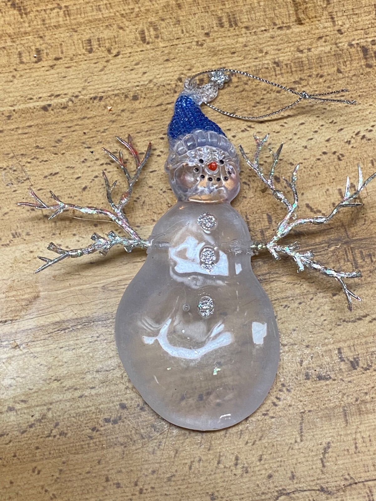 Vintage Lucite White & Clear Christmas Ornament Blue Glitter hat Silver Arms 6"