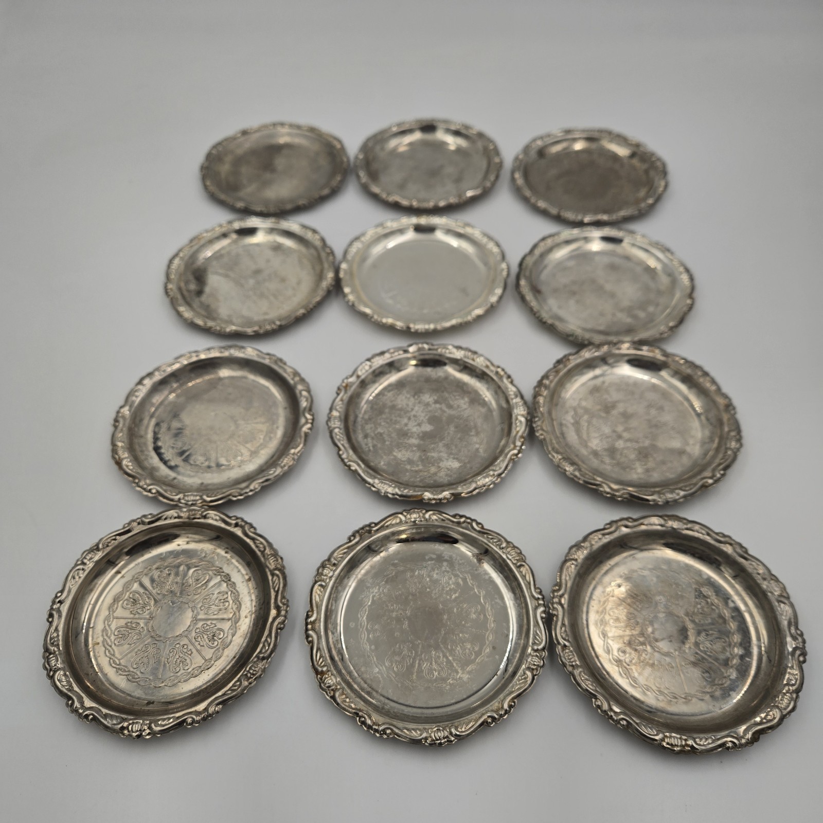 lot 12 Ash Tray Coaster Trinket Dish EP On Steel Silver Plated Etched 4" Italy