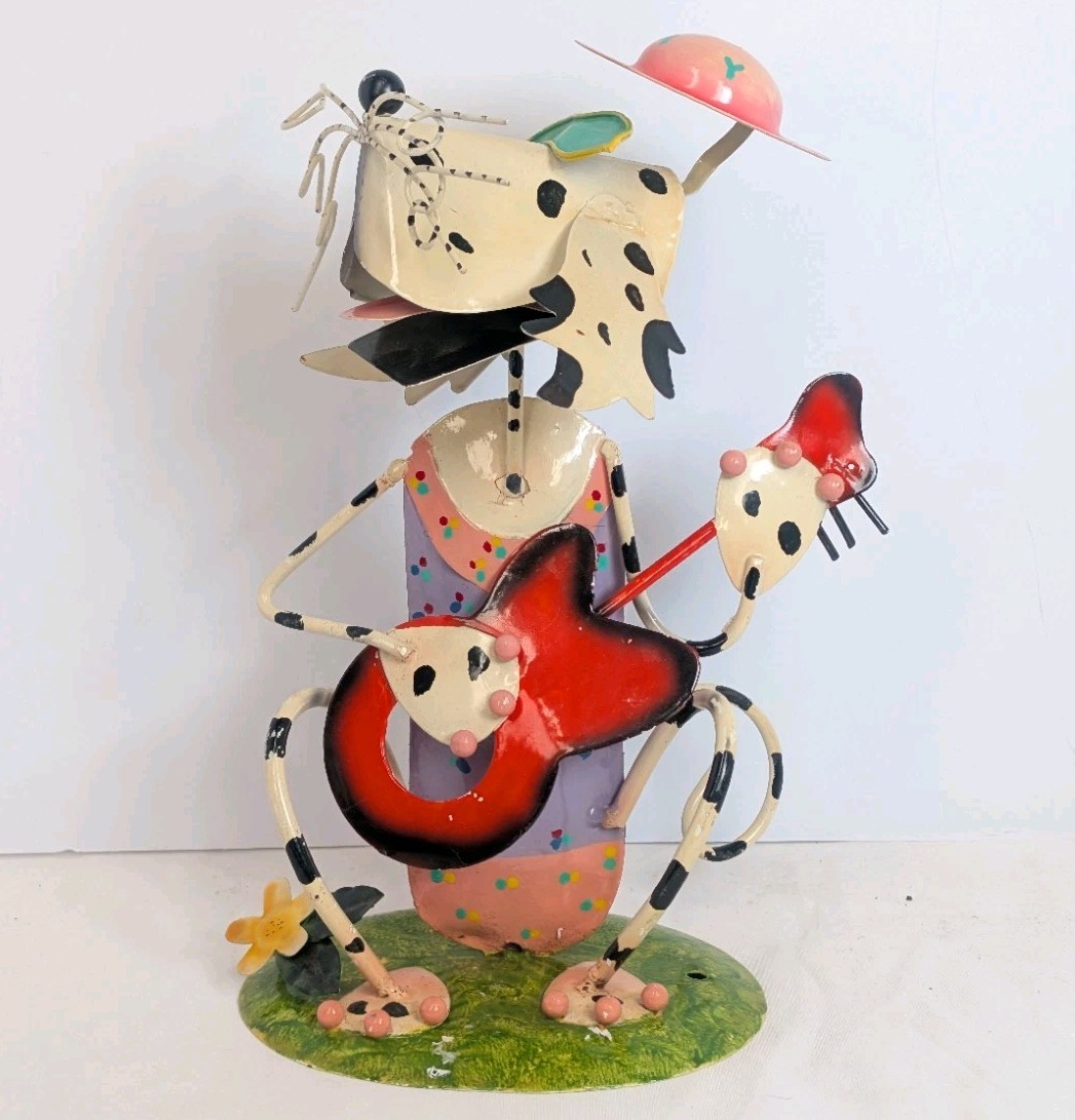 Welded Metal Dog Playing Guitar In Hat Sculpture Figure Anthropomorphic 10"