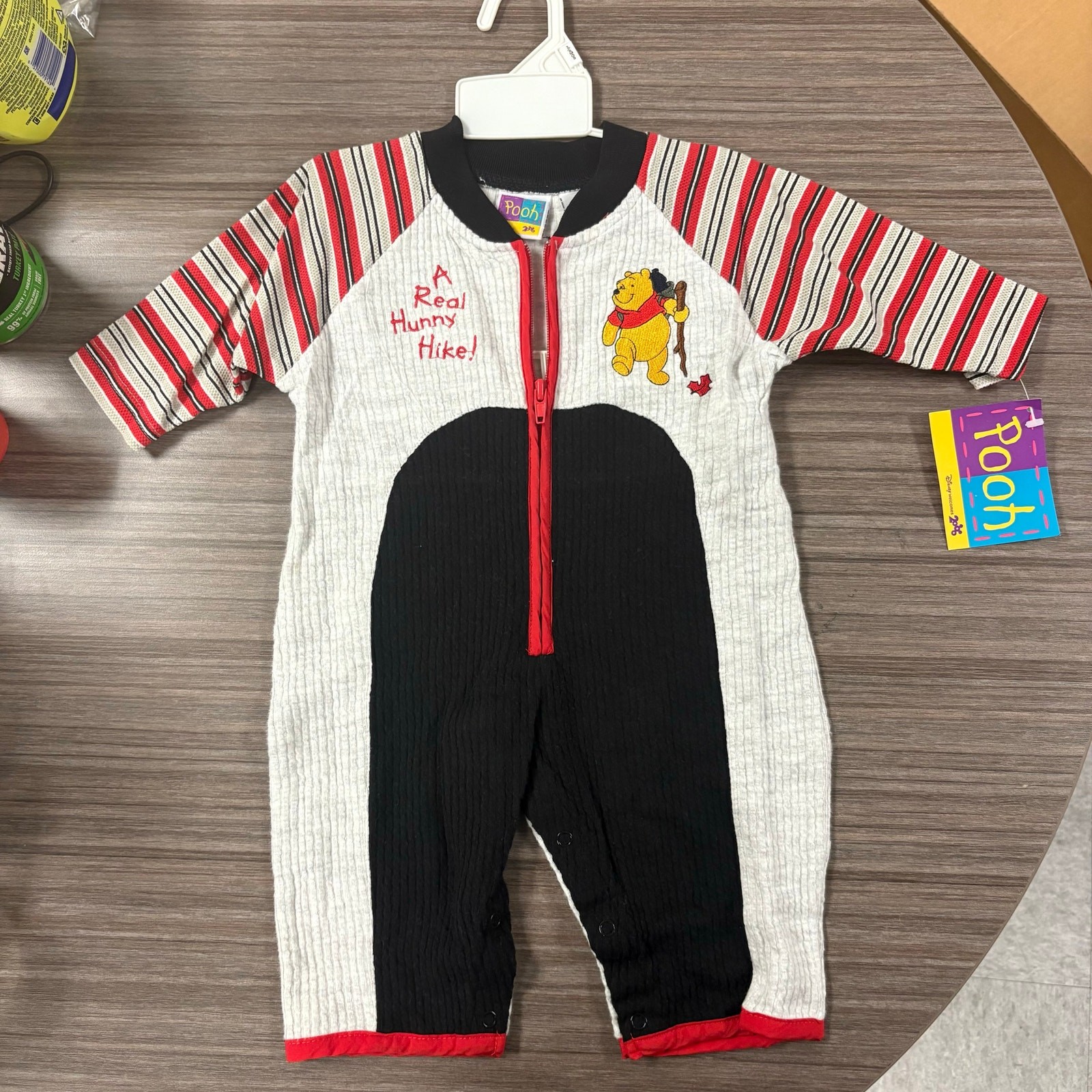 Disney Vintage Winnie the Pooh Romper 6/9m Red/Black Striped Sleeves