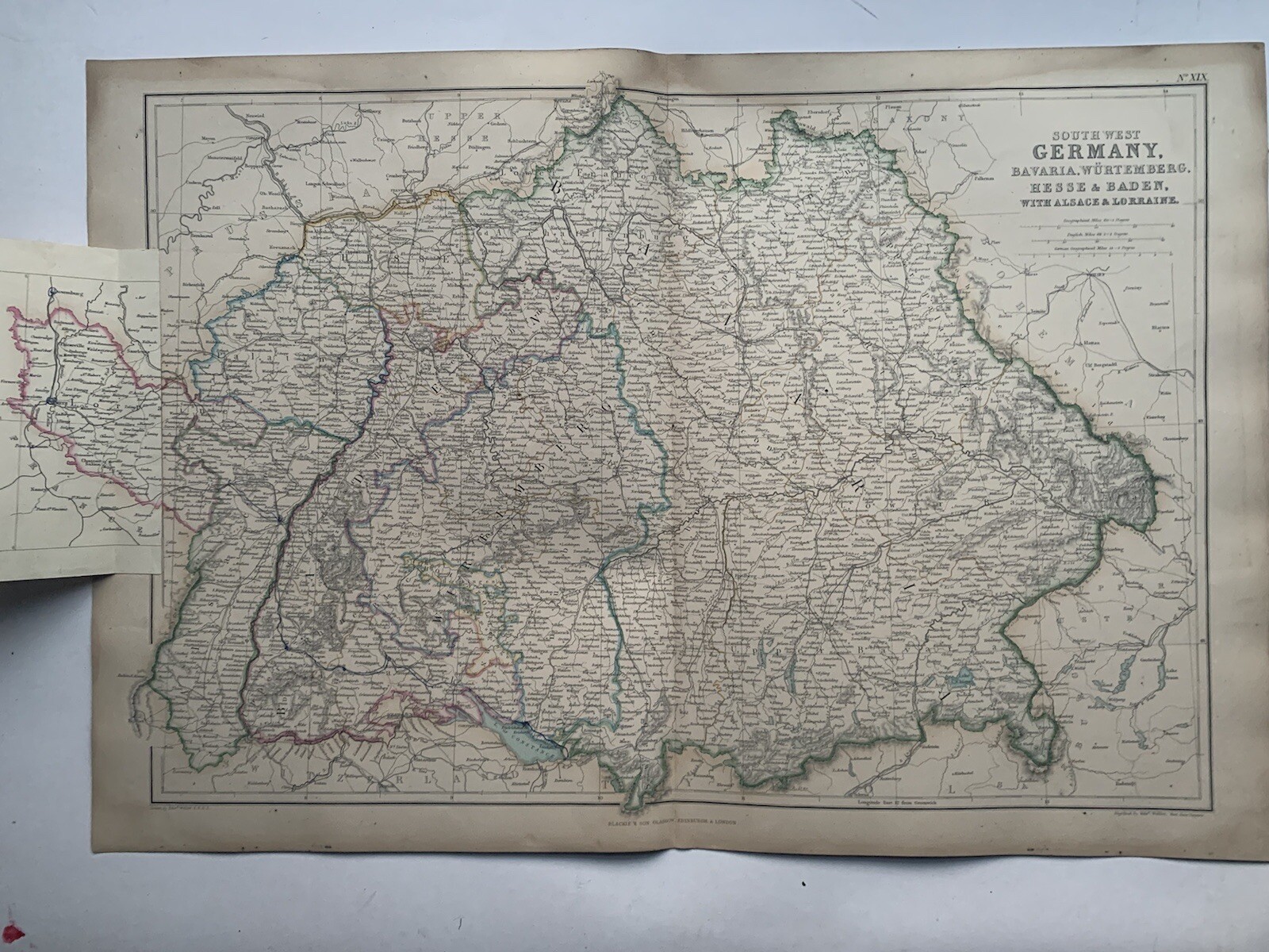 1872 South Germany & Alsace Lorraine Hand Coloured Antique Map By W.G. Blackie
