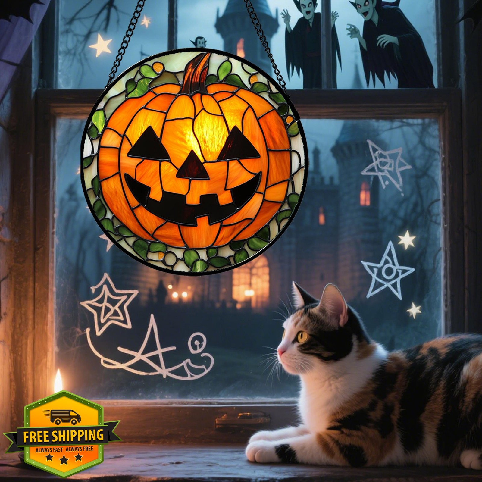 JOSUMALY Stained Glass Window Hanging, Halloween Decorations Evil Pumpkin Sun...