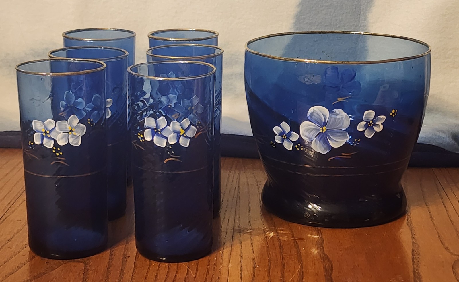 Cobalt Blue Ice Bucket/Glasses Forget Me Not Pattern Hand Painted Gold Trim