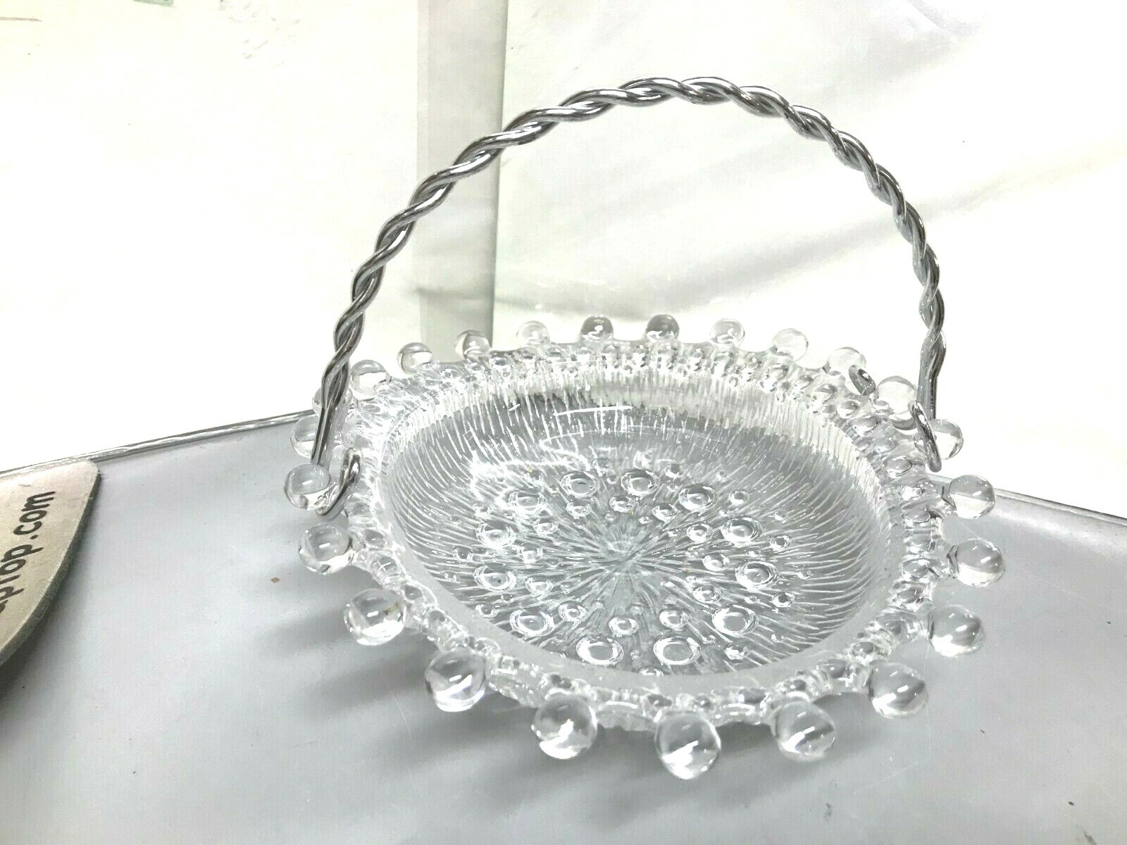 VTG Clear Hobnail Style Bubble Glass Silver handle Basket 6.5"