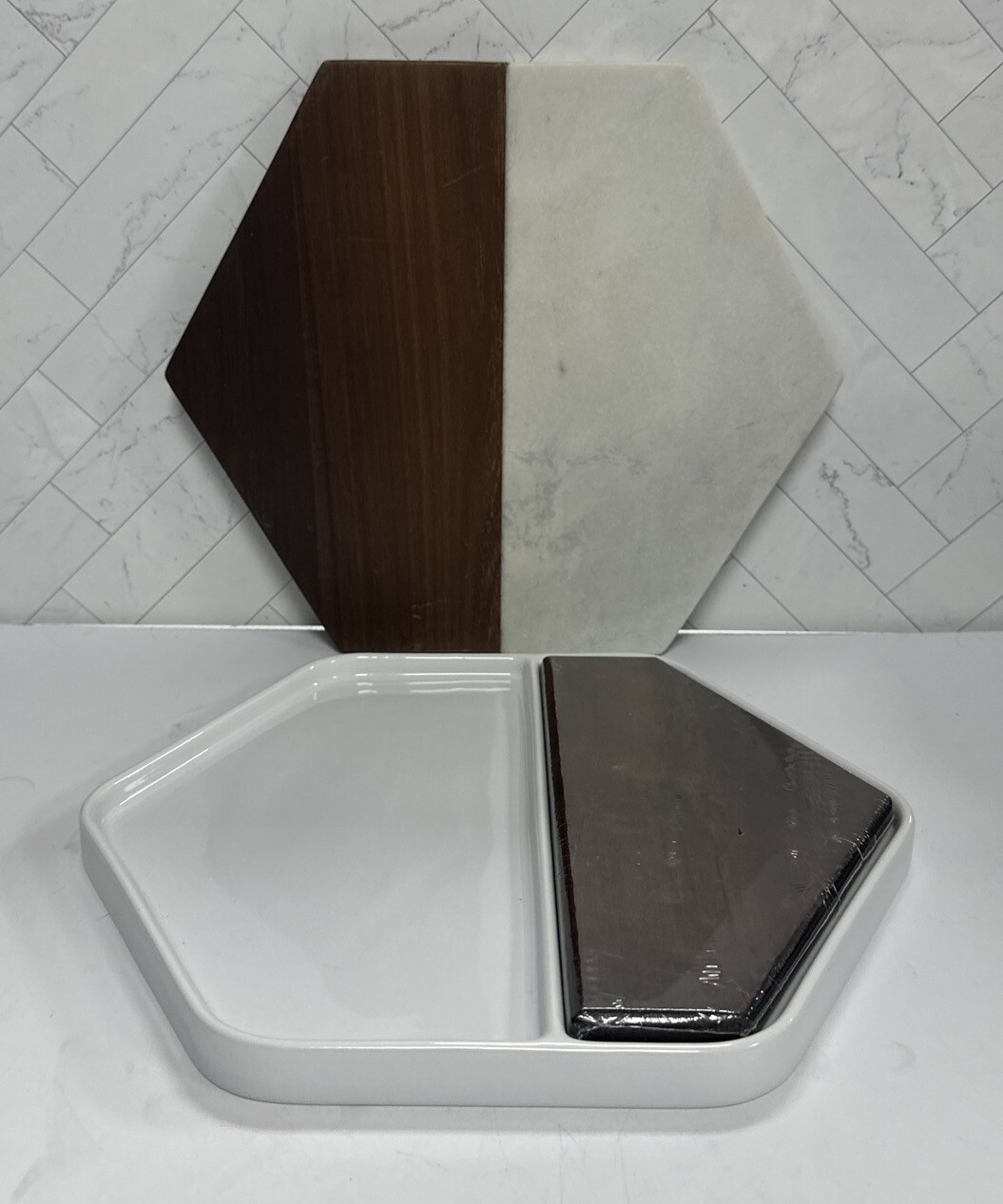 Libbey Urban Story Hexagonal 2pc Tray Wood Ceramic & Wood/Marble 2 tone Platter
