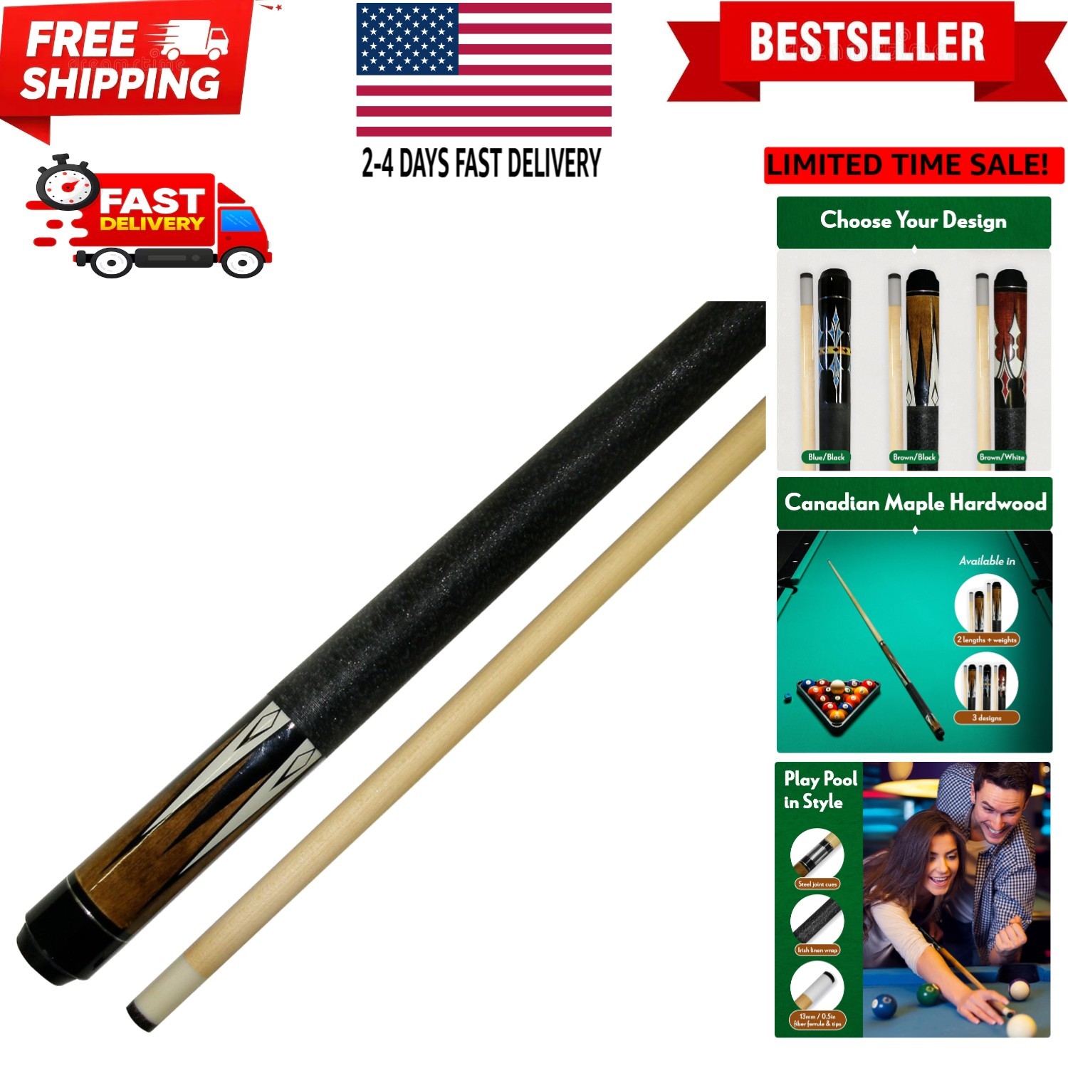 Short Pool Cue Stick – Hardwood Canadian Maple Pool Sticks for Billiard Table...