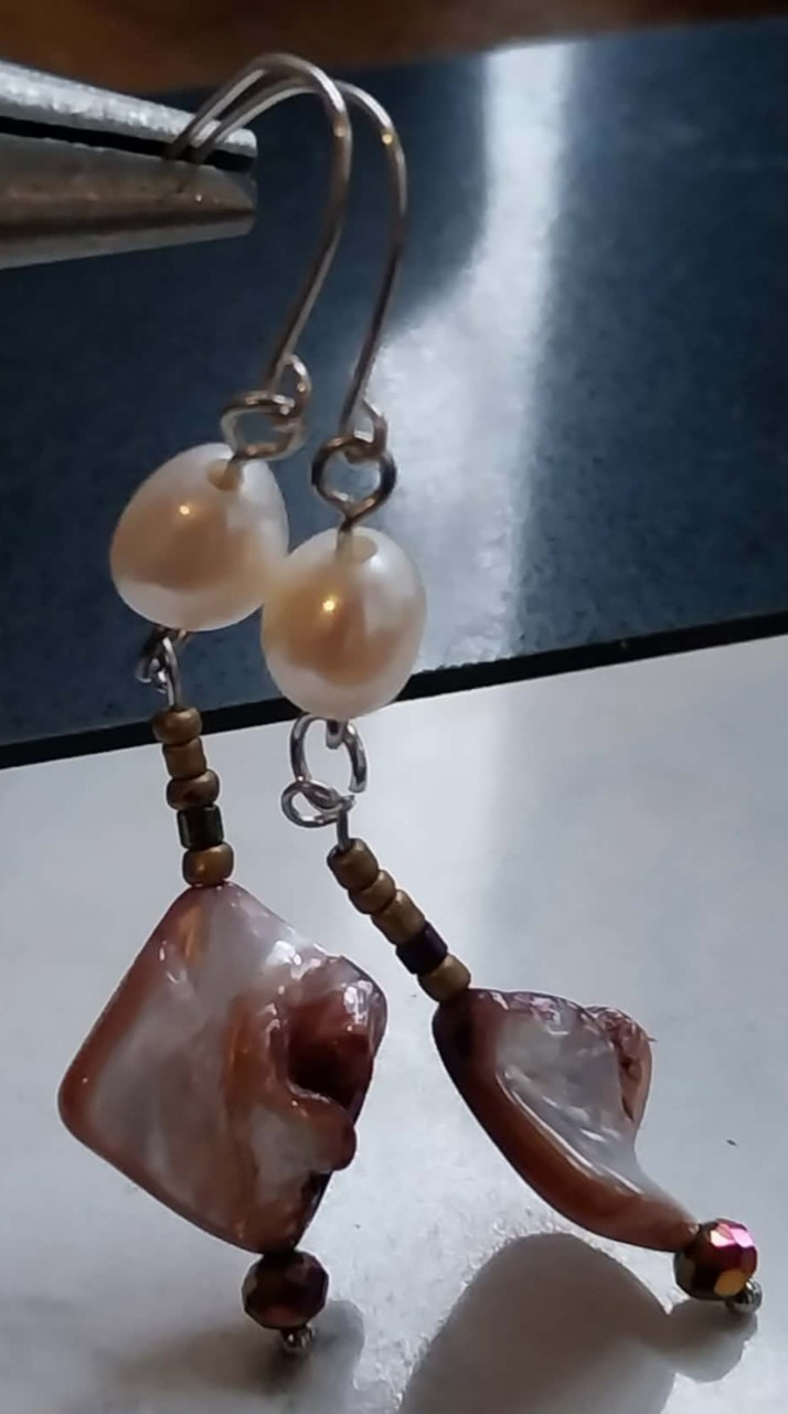 Sterling Silver 925 New Ear Wires Pearl & Mother of Pearl Earrings drop 5.5cm