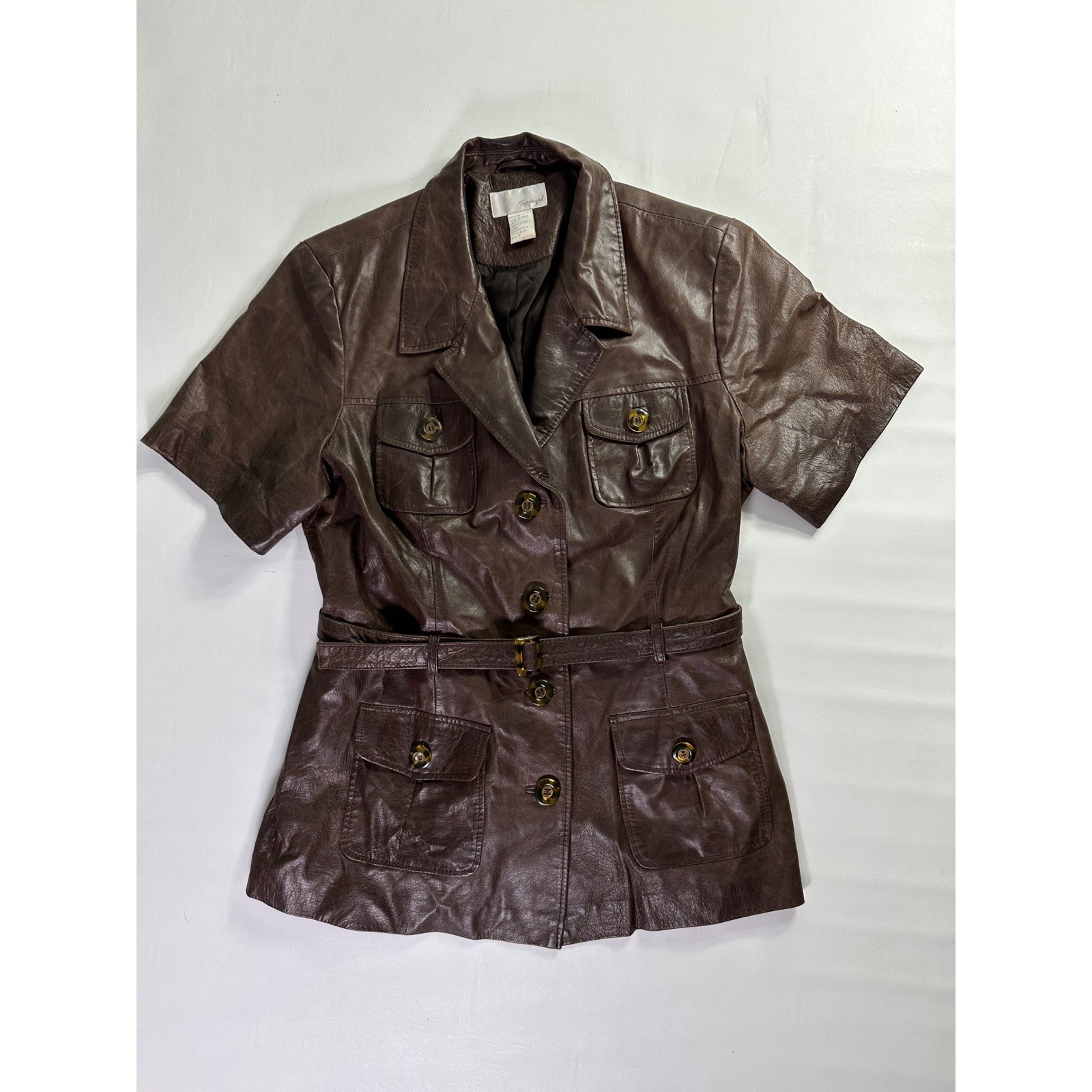 Spiegel Brown Leather Short Sleeve Belted Safari Jacket Womens Size 10