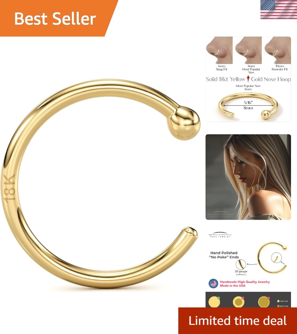 Solid 18k Gold Nose Hoop Nose Ring, Real Gold Hypoallergenic Nose Piercing Je...