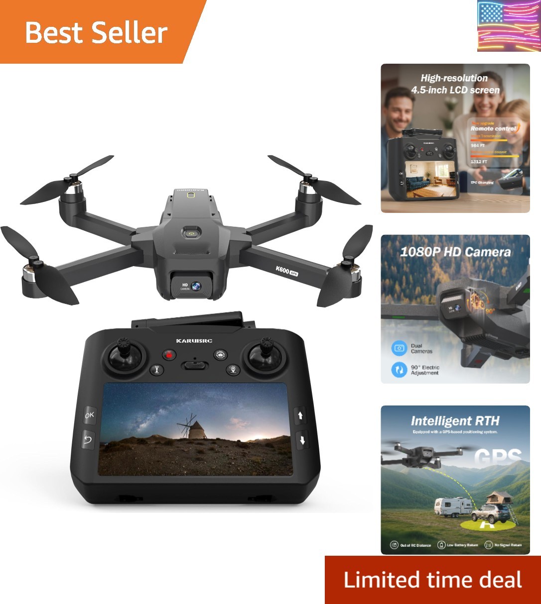 GPS FPV Drone with EIS Camera for Adults, 4.5 Inch LCD Screen on Controller，A...