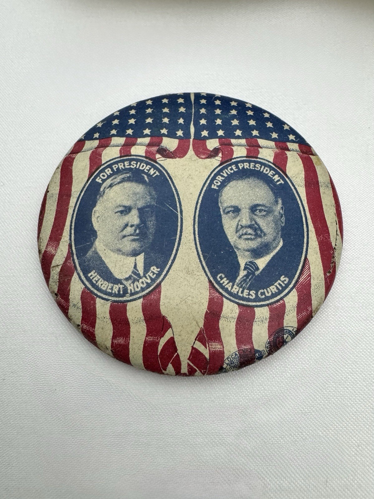 1928 Hoover-Curtis 2-1/4” Litho Jugate Campaign Pin Button Greenduck Co Flag