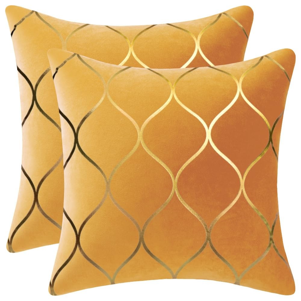 DEZENE 16x16 Inch Gold Velvet Throw Pillow 16" x (Pack of 2), Yellow 