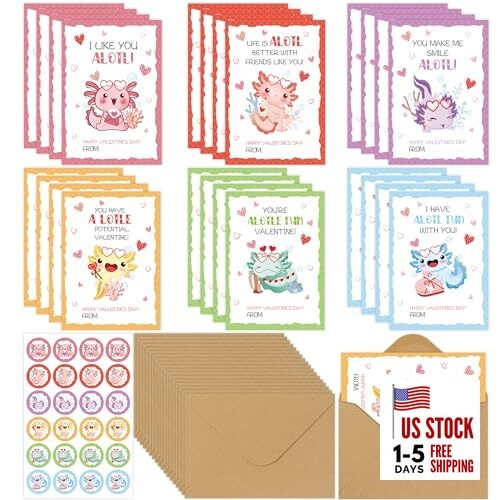 Valentines Day Cards for Kids Classroom, 24 Pcs Cute Axolotl Cute Axolotl 24