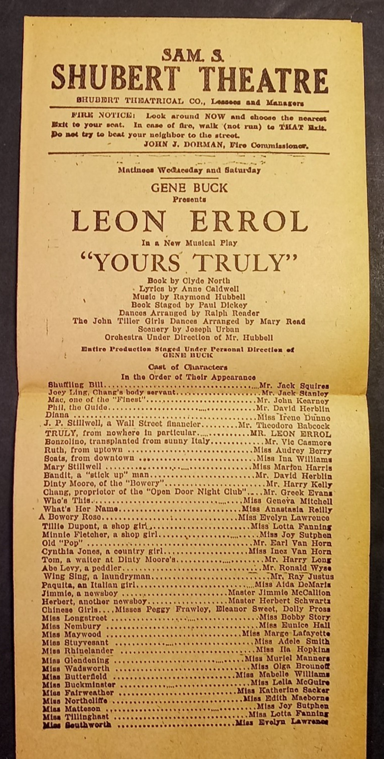 Sam S. Shubert Theatre Flyer/Program  "Yours Truly"-Leon Errol Broadway Musical