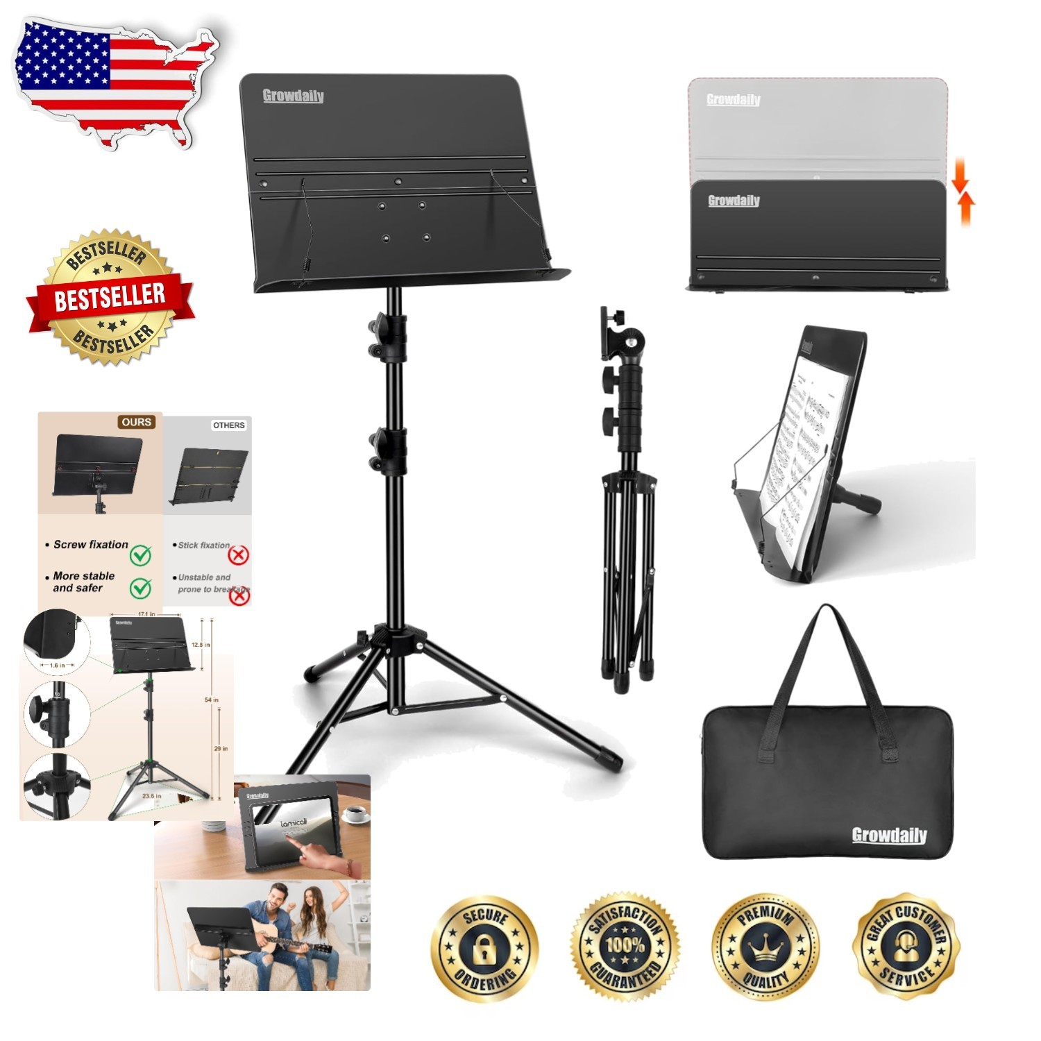 Heavy Duty Folding Music Stand Black Portable Pro Sheet Music Tray
