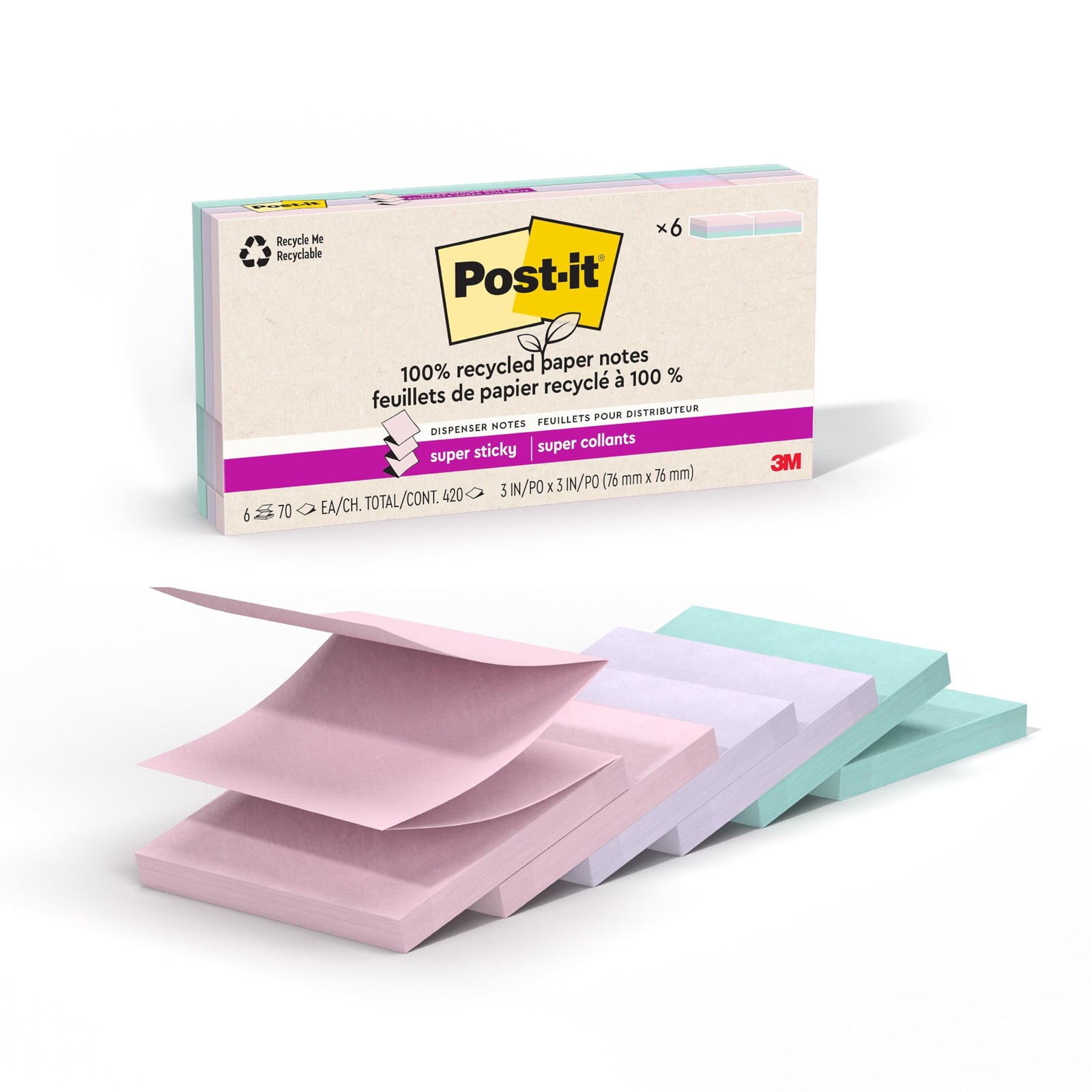 Post-it Super Sticky 100% Recycled Pop-up Notes, 3" x 3", Wanderlust Pastels 