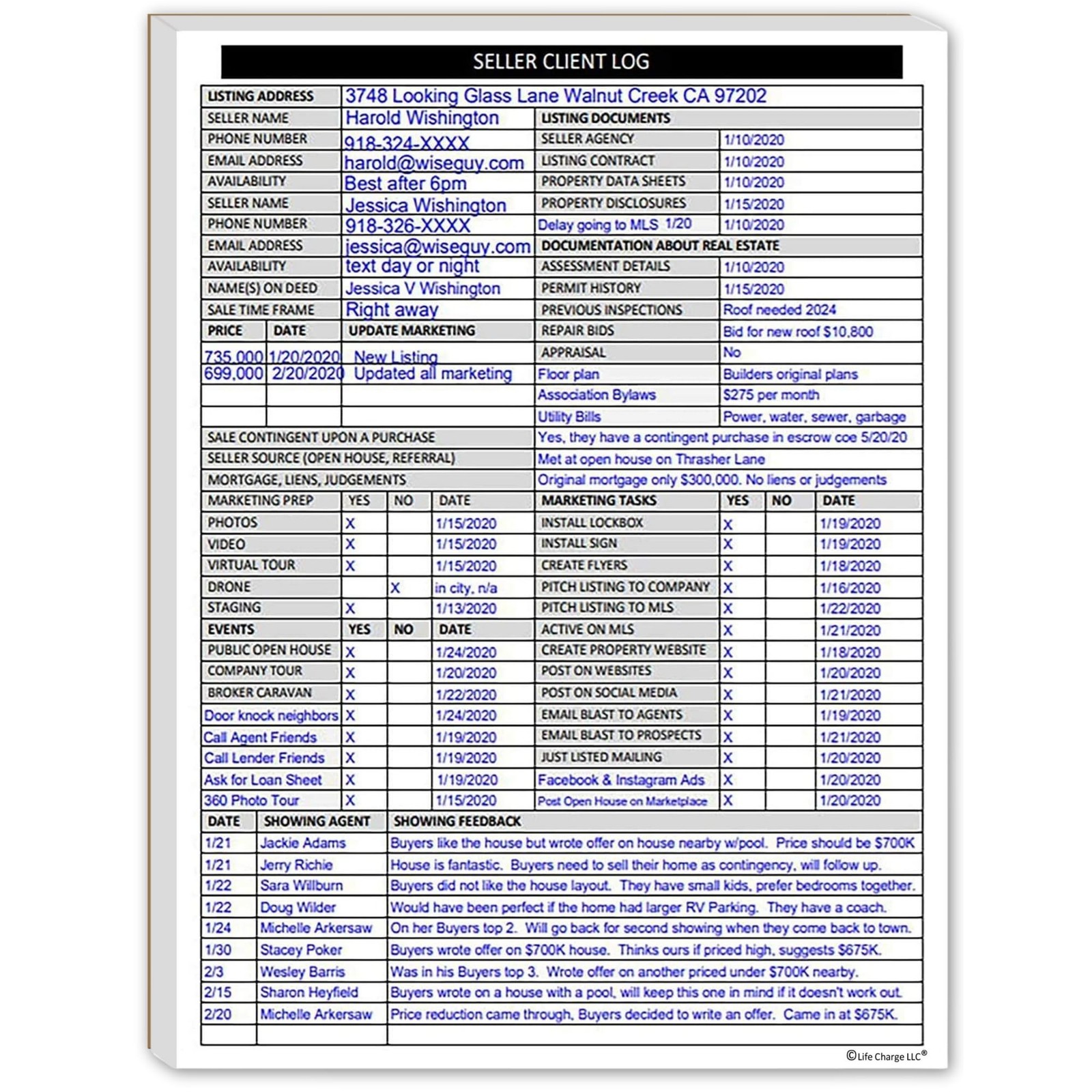Real Estate Agent Supplies - Home Seller Client Log to include in Listing Fil...