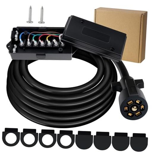 Heavy Duty 7 Way Trailer Cord with 7 Gang Waterproof Junction Box, 12FT