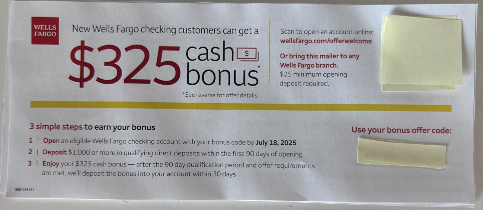 Wells Fargo Checking Account $325 Bonus Coupon Expires 4/14/2025
