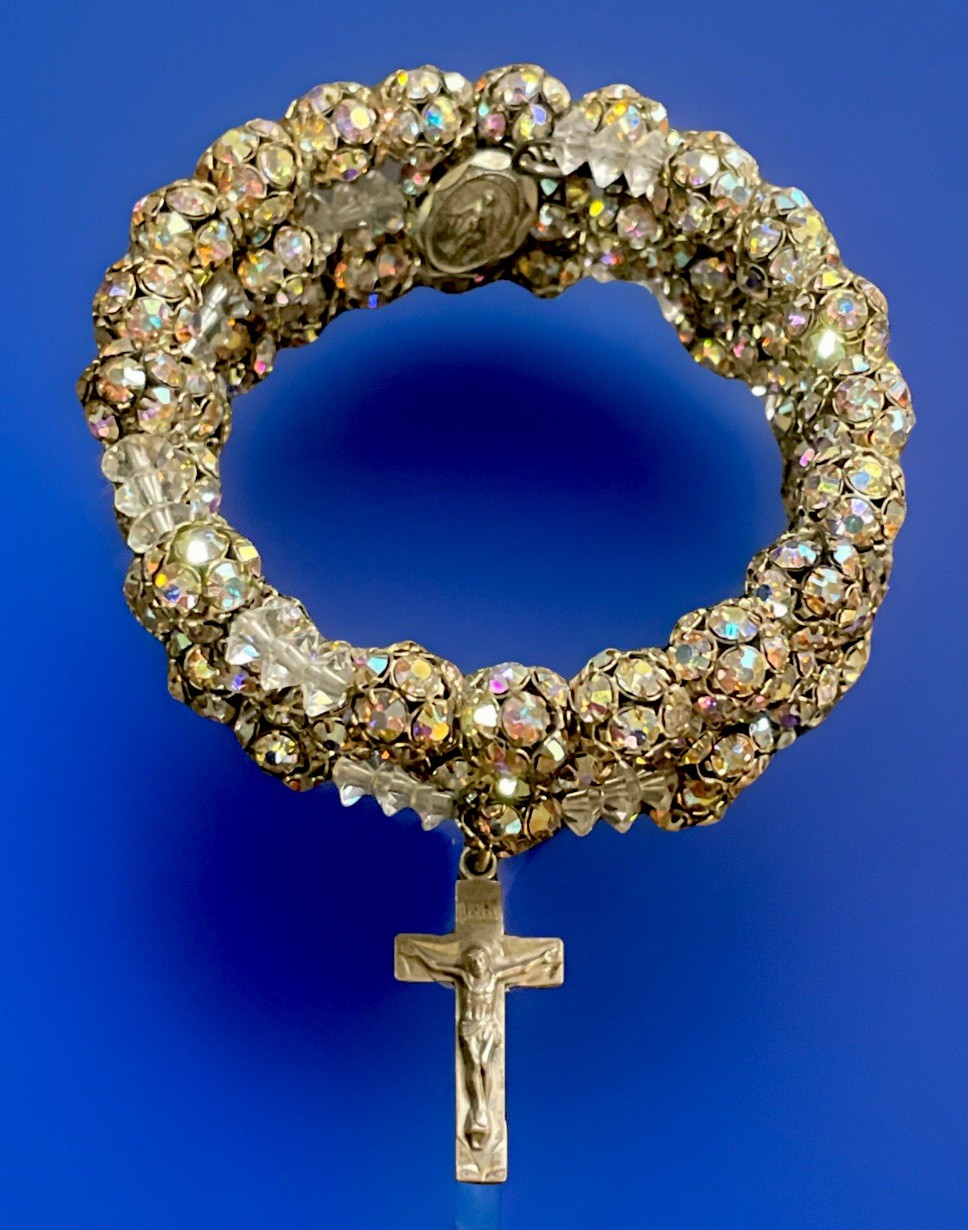 Iridescent Crystal Coil Bracelet Rosary+  Sterling Silver Crucifix & Medal