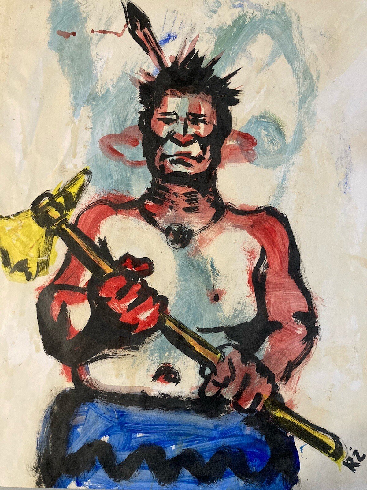 Belle Peinture Gouache Indien Geronimo Papier 1980 Portrait Figuration Libre Art