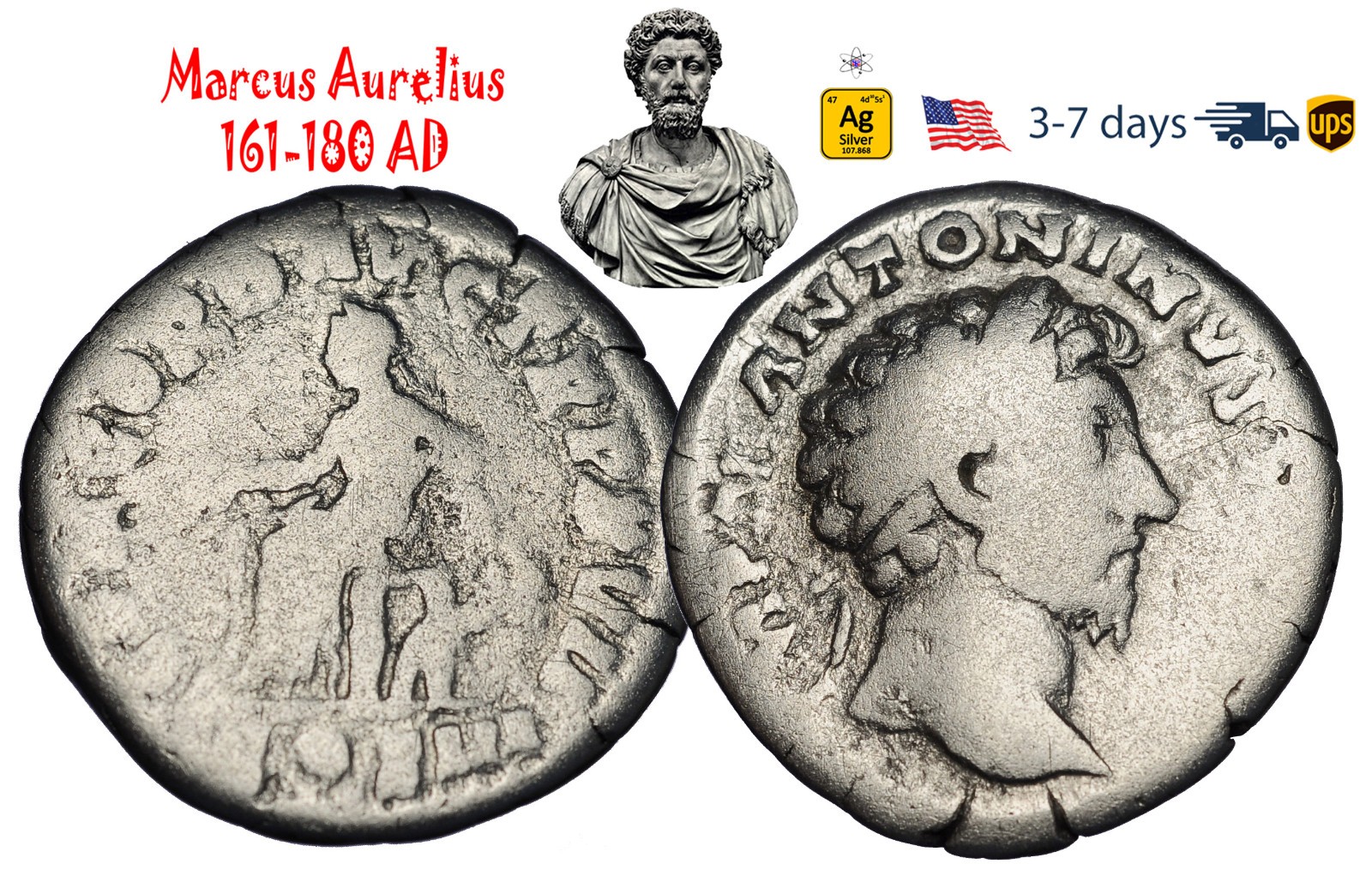 Ancient Roman Empire Coin Silver Denarius Marcus Aurelius 161 180 AD #33464