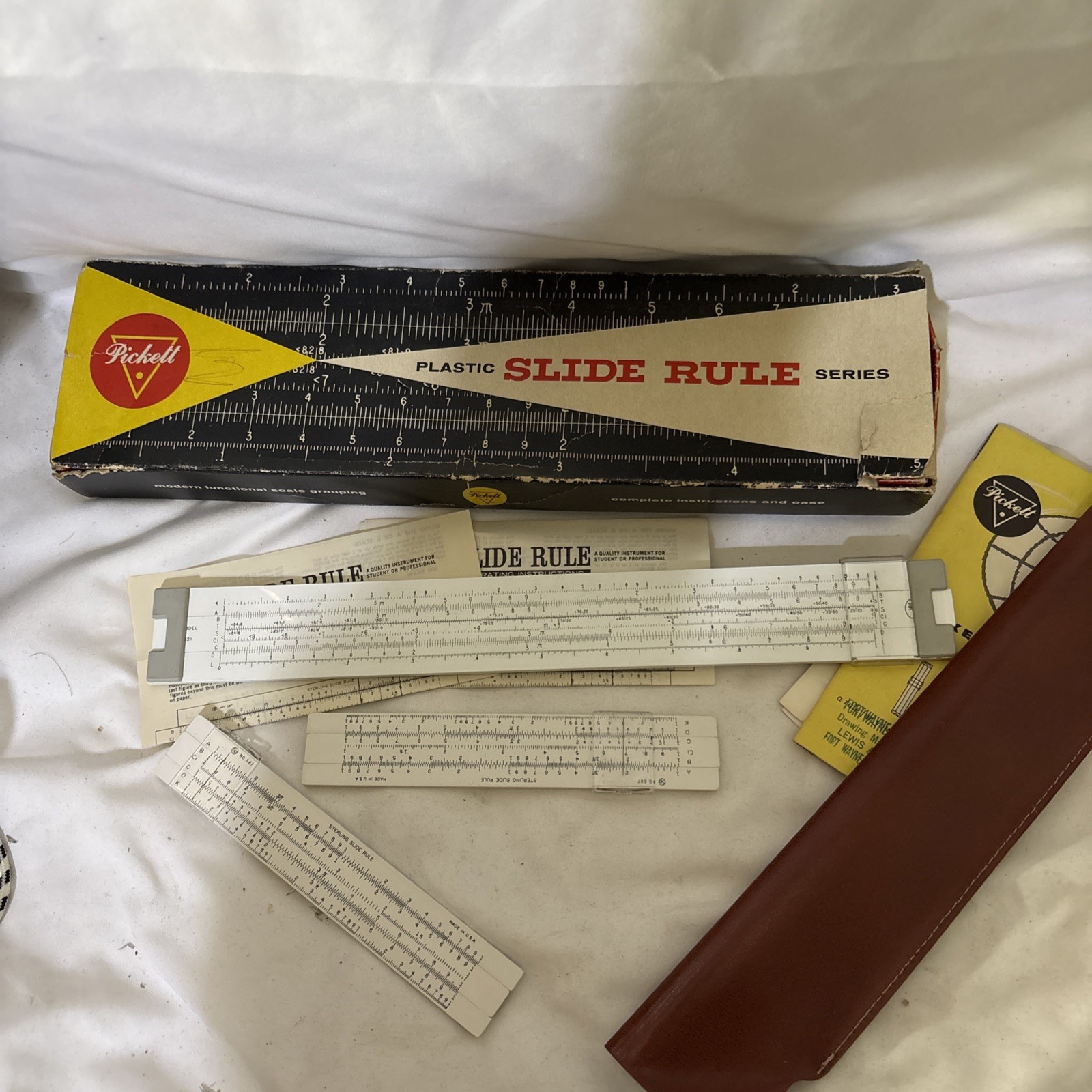 Pickett Slide Rule No. 121 Trainer W/ Original Box Paperwork & Sterling 587 Lot