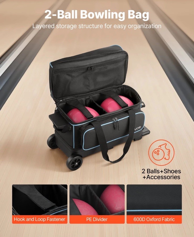VEVOR Bowling Ball Bag, 2 Ball Double Roller Bowling Bag with Wheels, Featuring