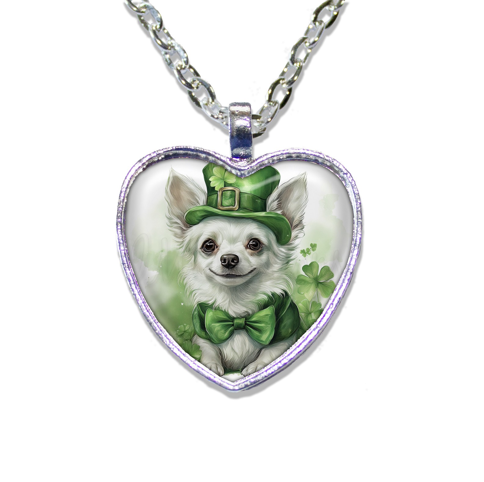 St. Patrick's Day Sweet Chihuahua Dog - HEART-shaped glass pendant necklace