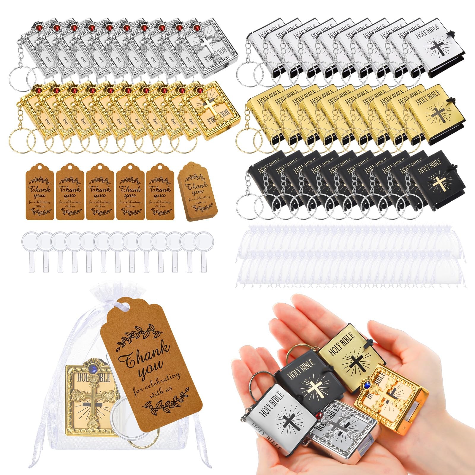 Hoemwarm Bible Gift Set - 200 Pcs Mini Verse Keychains, Magnifying Glasses, Bags