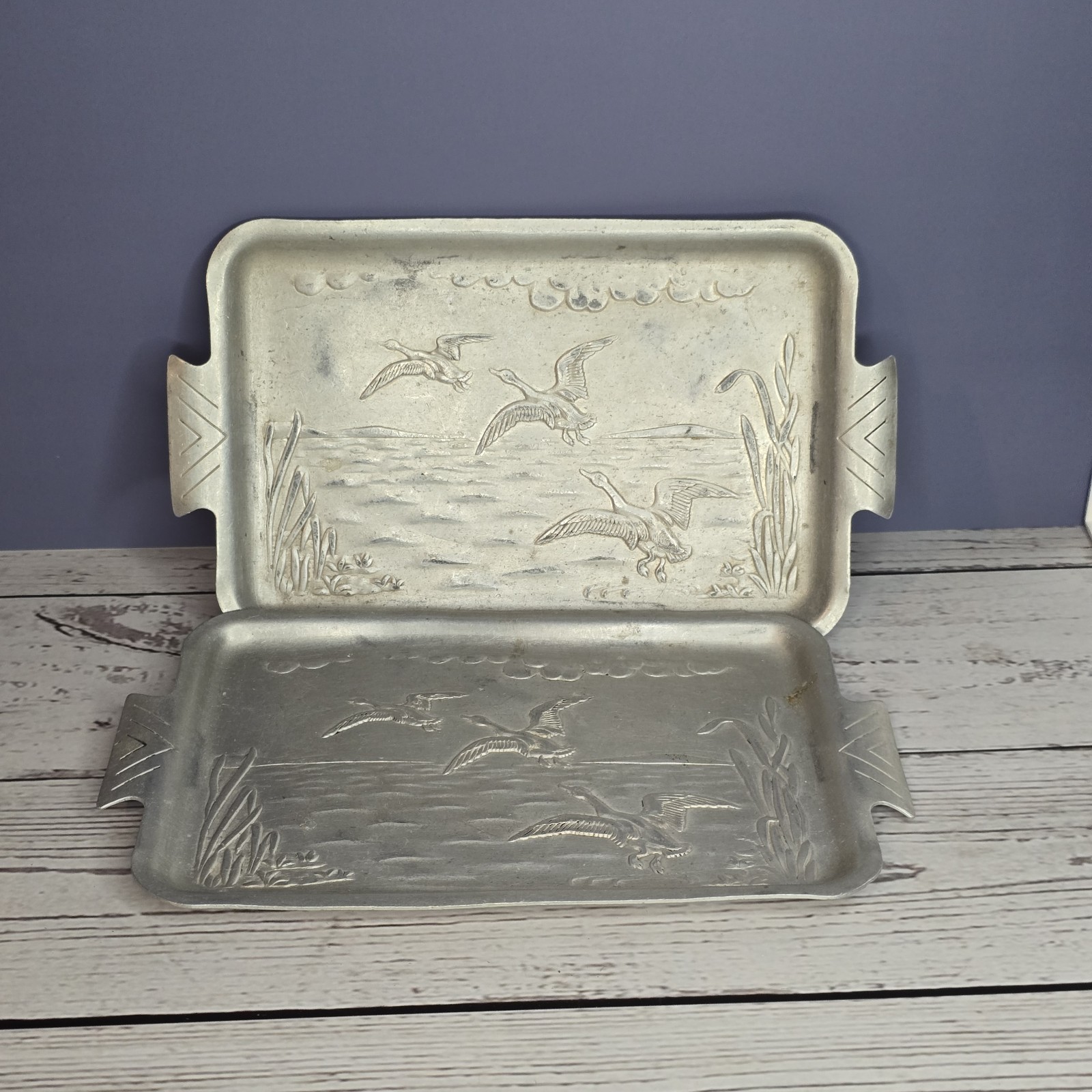 2 Vintage Dresser Tray Hammered Aluminum Ducks in Flight Trinket Tray Metal Ware