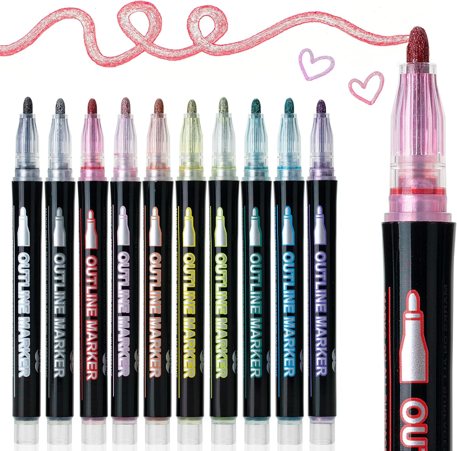 - Double Line Outline Markers, 10 Colors, Self-Outline Metallic Markers, Outline