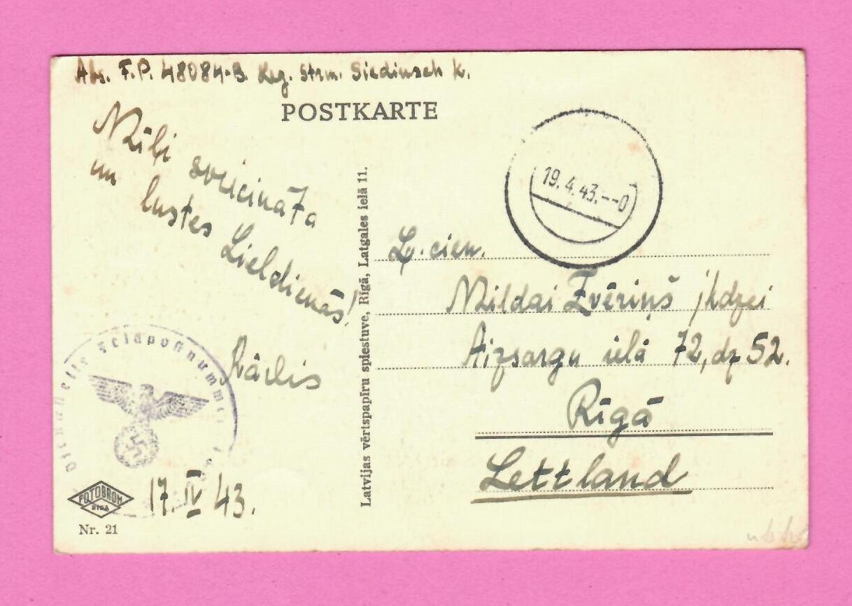 GERMANY in LATVIA 1943 postcard used FIELD POST # 48084. 2299