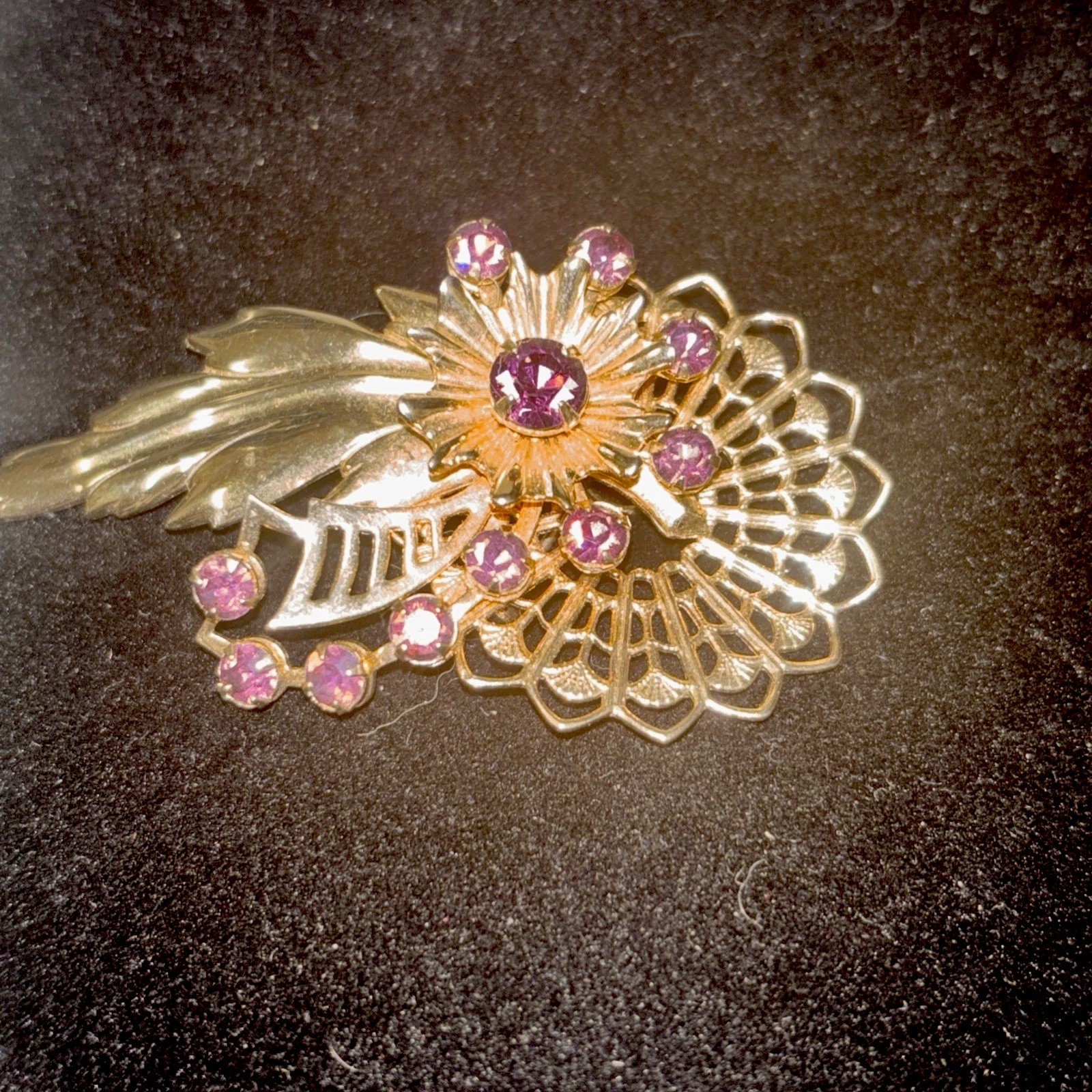 Brooch Filigree Floral Rhinestones Purple Gold Tone 2.5 Vintage Cluster