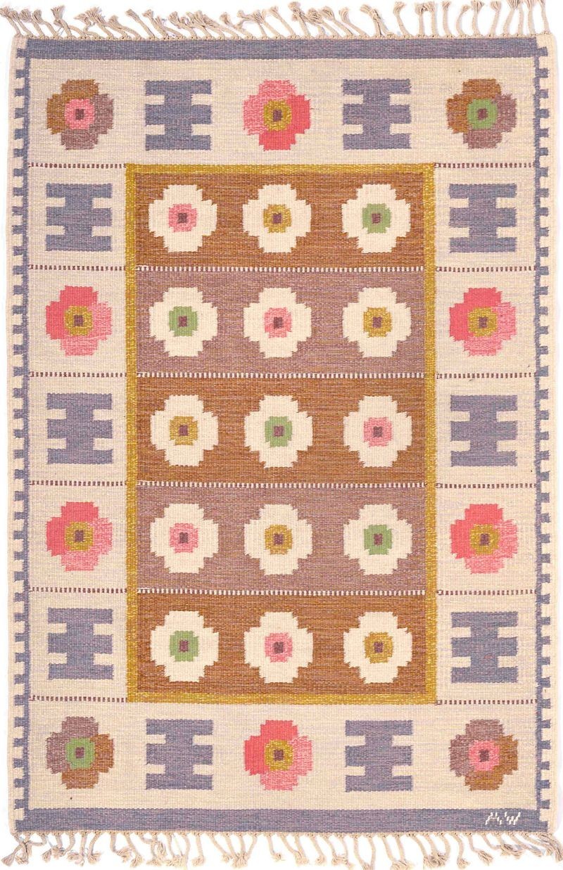 Antique Swedish Rug Blue Floral Vintage Kilim Boho Handmade 5x8 weave Area Rugs