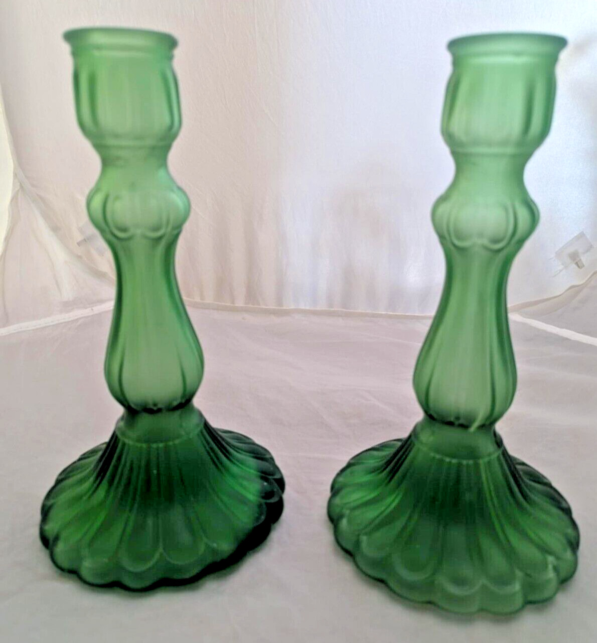 Vtg Set of 2 Vaseline Glass Green Vase 8.8"